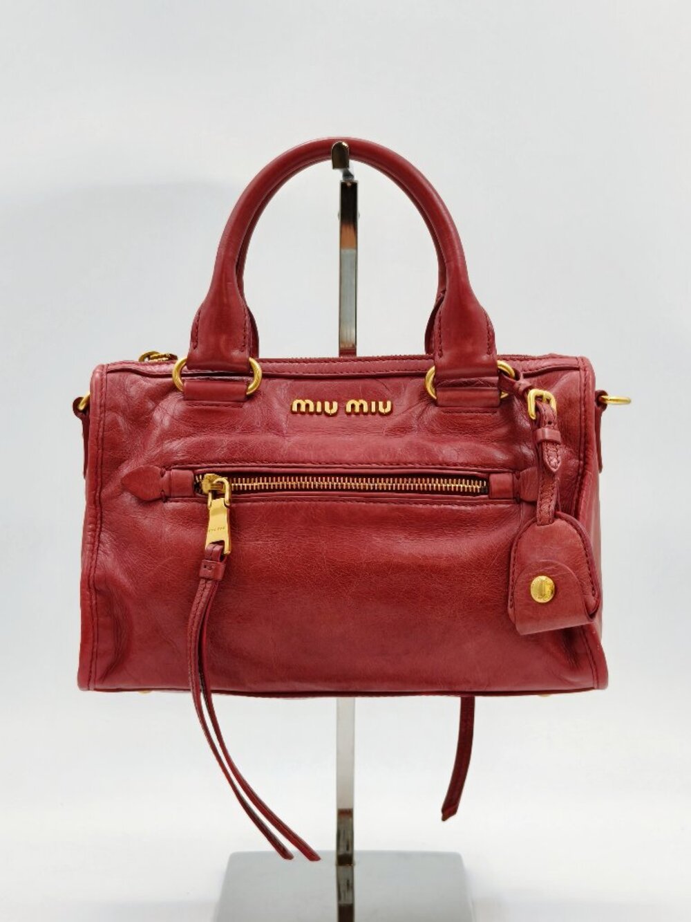 Miu Miu Vitello Lux Pink Leather Mini 2-Way Satchel Crossbody Bag Gold Logo